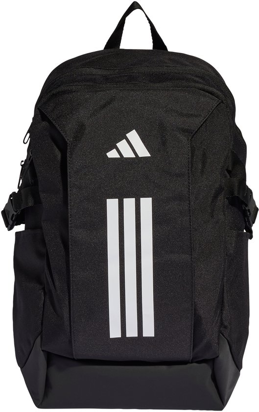 Zwarte rugzak met Adidas logo en drie witte strepen op de voorkant.