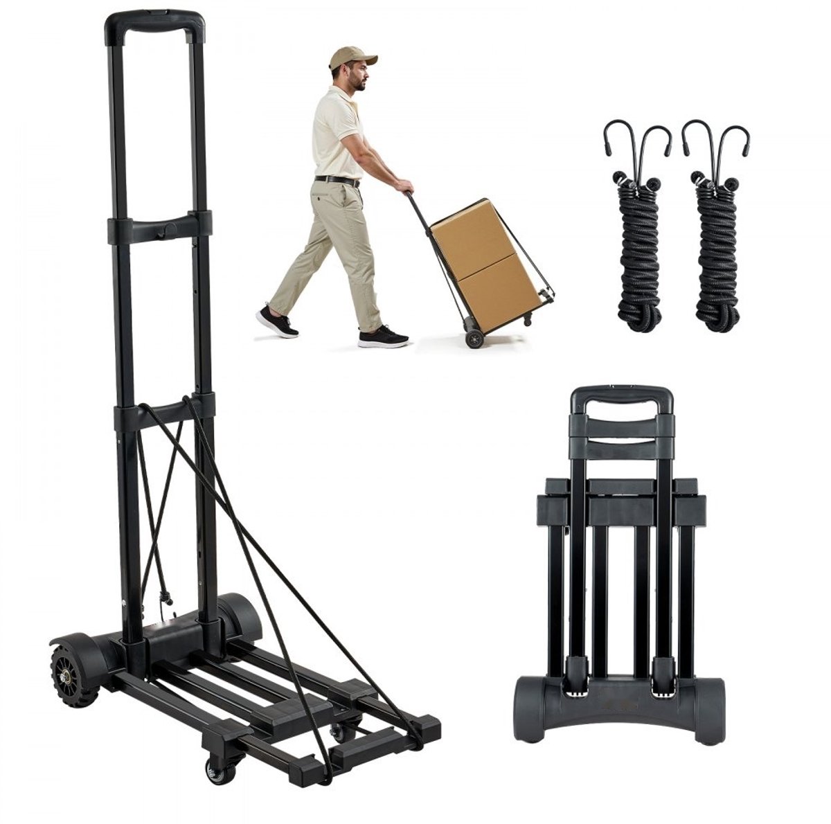 Opvouwbare steekwagen - Bagagetrolley - Vier wielen - Laadvermogen 131,5 kg - Uitschuifbare basis - Twee elastische touwen - Afmetingen 53 x 32 x 97 cm - Zwart