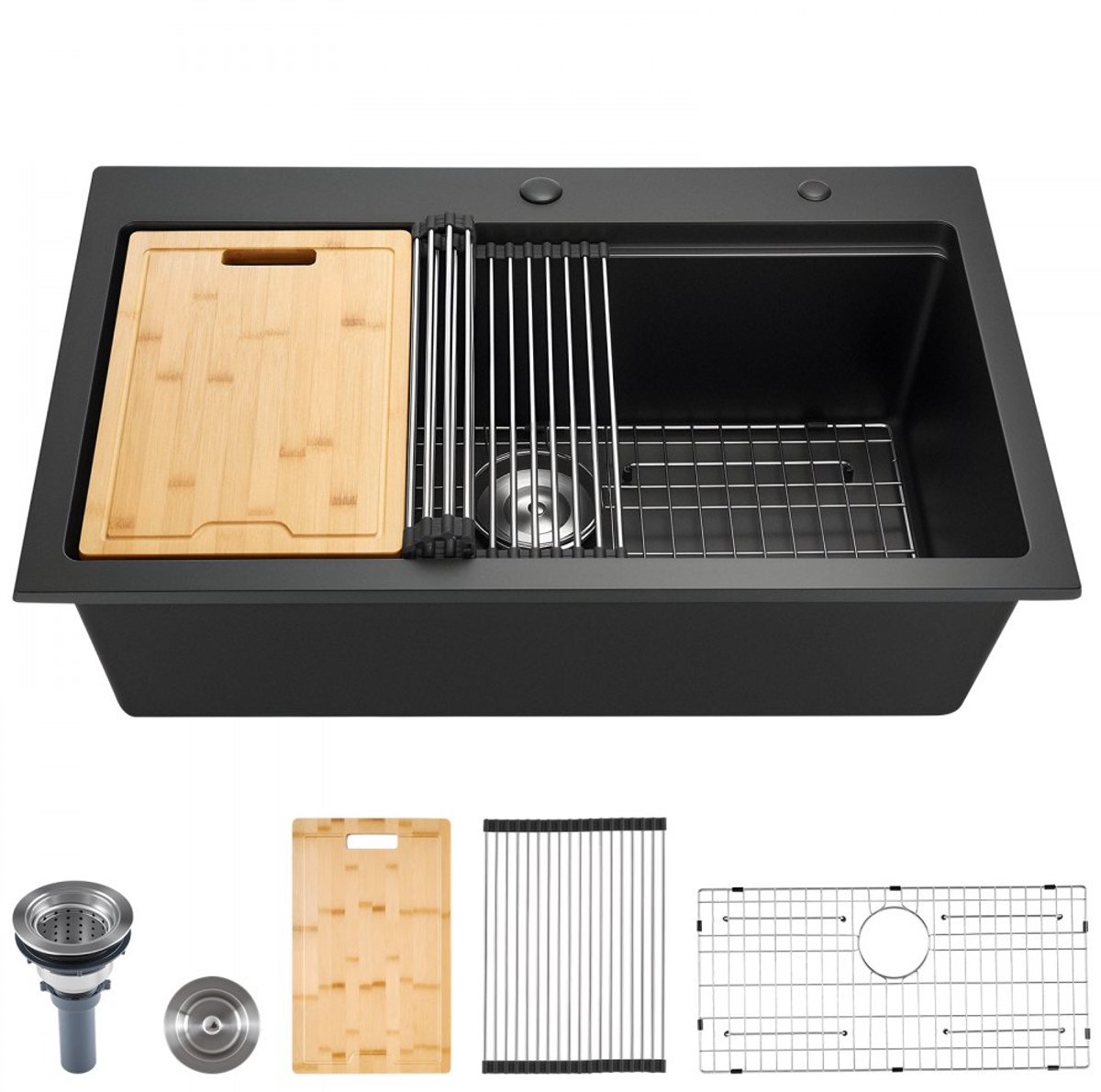 Granieten Keukenspoelbak - Opbouw/Inbouw Gootsteen - Afmetingen 84 x 56 x 25 cm - Landelijke Stijl - Met Accessoires - Kras- en Hittebestendig - Zwart