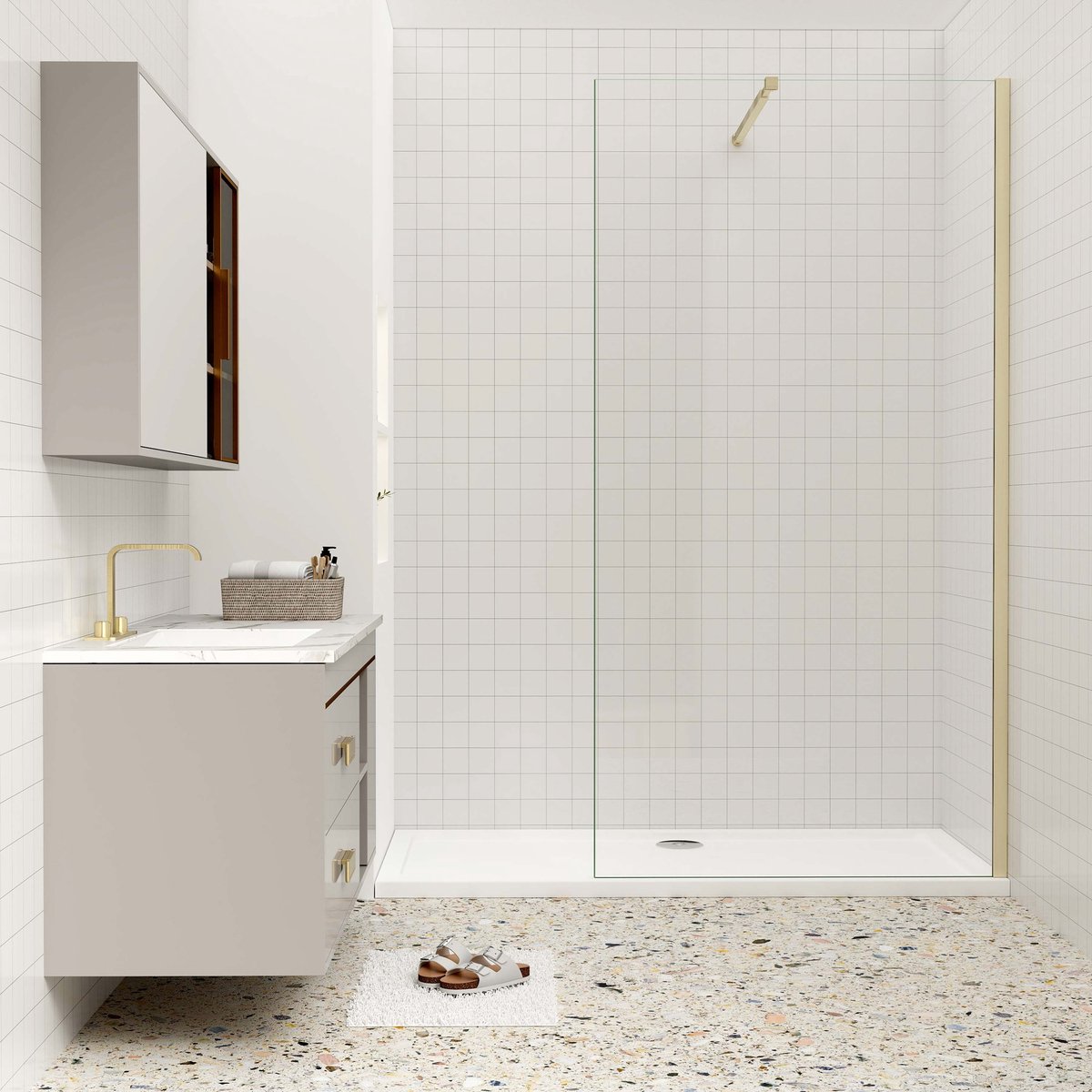 Aica luxueus inloopdouche 85x200 cm 8 mm NANO Easyclean veiliges gehard glas 73-120 cm inkortbaar stabilisatiestang - gemakkelijk te installeren geborsteld goud