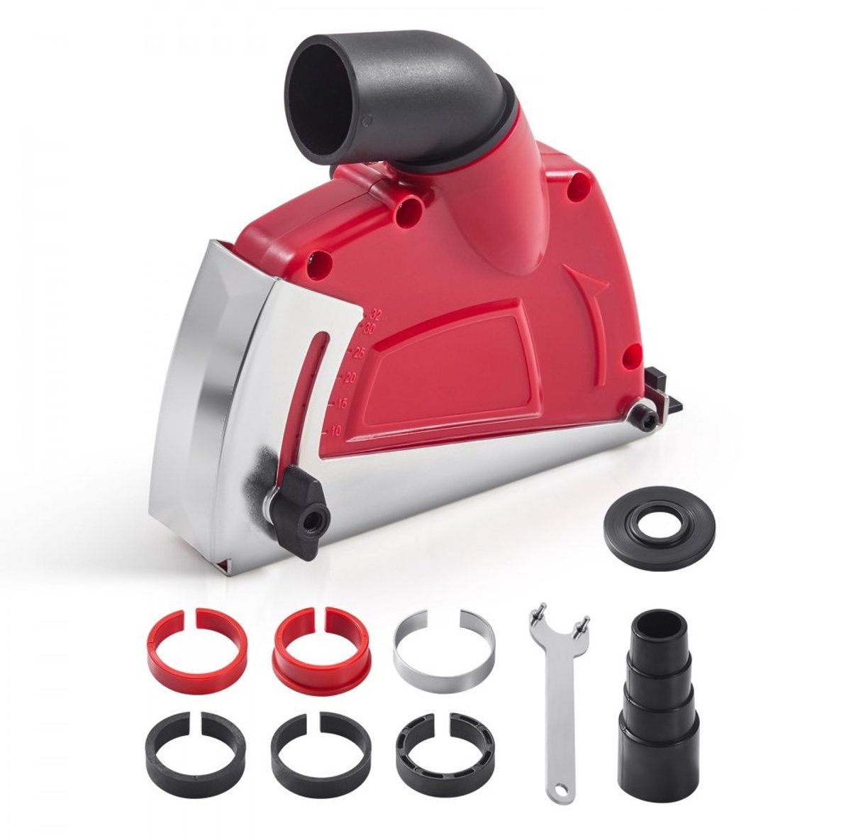 Stofafzuigkap Haakse Slijper - Universele Stofkap 100-125 mm - Inclusief 6 Adapters - Verstelbare Snijdiepte - Stofzuigeraansluiting - Voor Beton & Steen - Rood