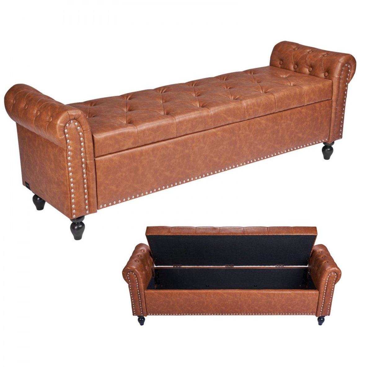 Opbergbank - Ottoman Schoenenbank - PU-leer Met Houten Poten - Gekapitonneerd - Draagvermogen 300 kg - Afmeting 166 x 46 x 56 cm - Bruin