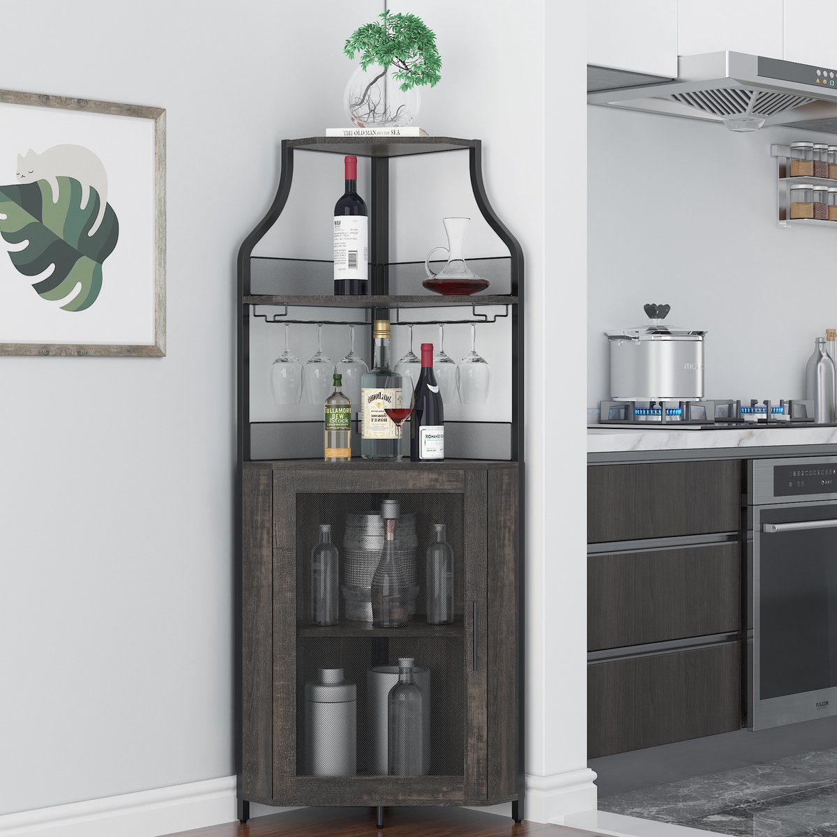 Brisakys - Hoekbarkast - Wijnkast - Industrieel - Metaal - Gaasdeuren - Verstelbare Plank - Anti-Kantelset - 45x45x150cm - eikenkleur – foto 5