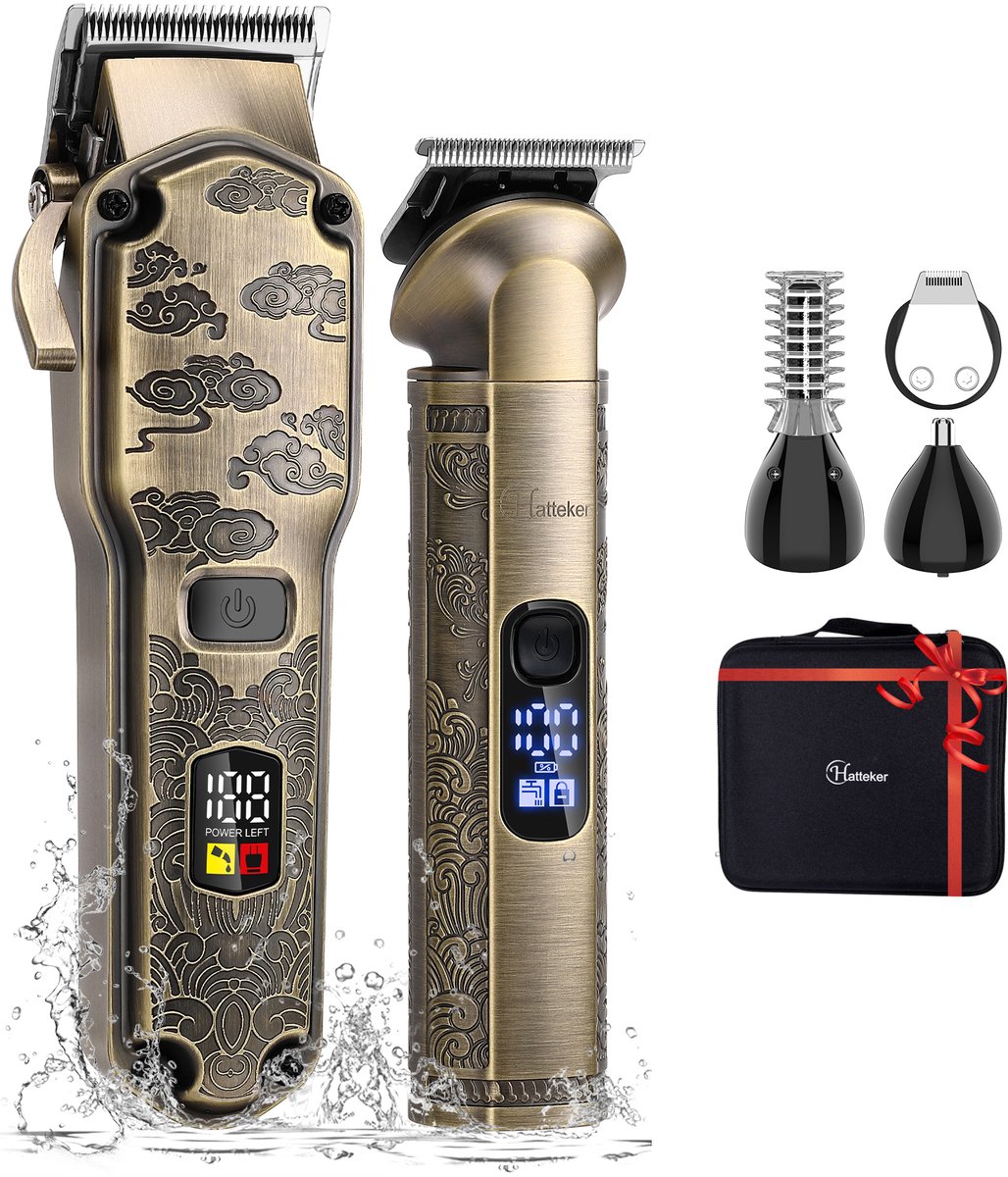 HATTEKER Tondeuse en 4-in-1 Trimmer Set – Haar- en Baardtrimmer, Precisietrimmer, Neushaartrimmer, Lichaamshaartrimmer – Opbergcase – Cadeau voor Mannen – Bronzen