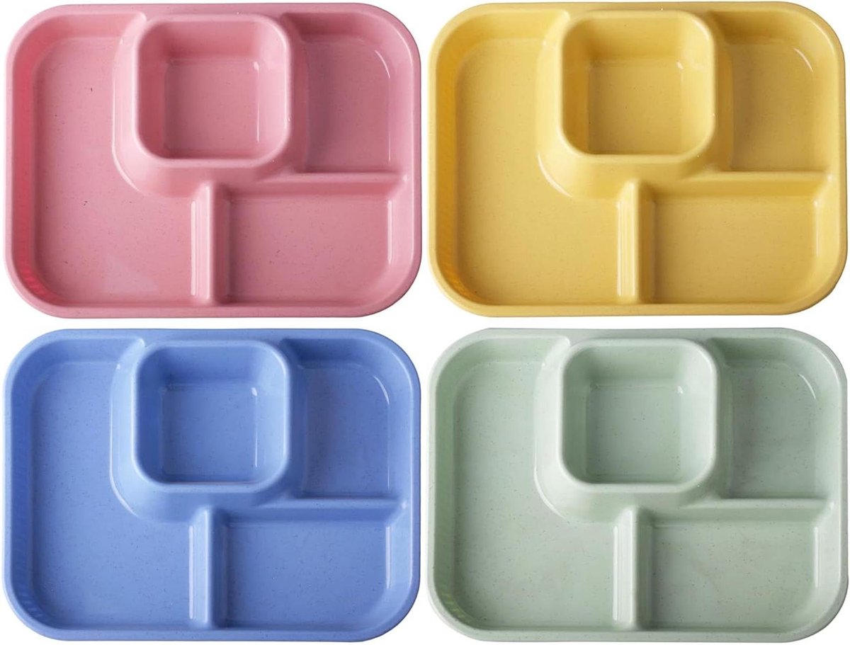 EGoods - Verdeelde borden met 4 vakken, herbruikbaar servies voor volwassenen en kinderen - Set van 4 stuks, onbreekbaar - Menu- en snackborden (27 cm)