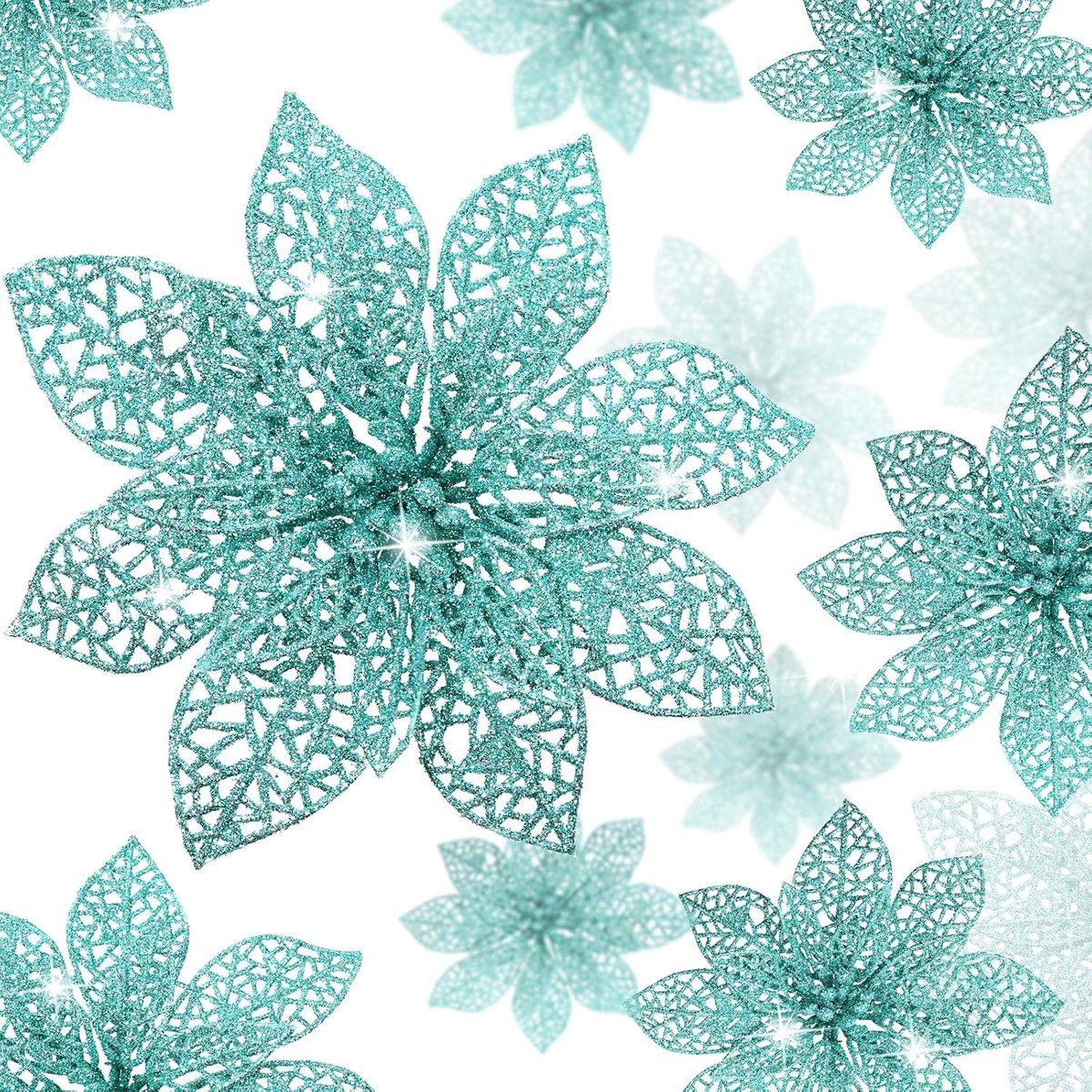 24 stuks Glitter Poinsettia kerstboom Ornament in blauw-groen, diverse maten.