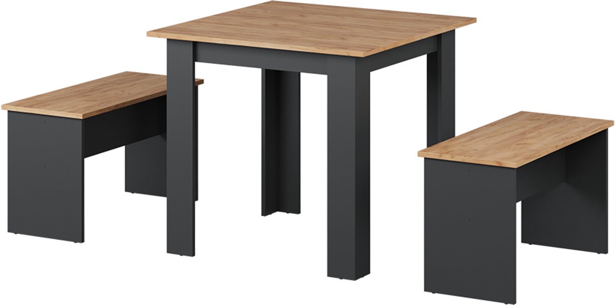 Vicco Sentio Eettafel set – 80 x 80 cm met 2 banken Antraciet/gouden eik Antraciet/Goudkleurig Eiken
