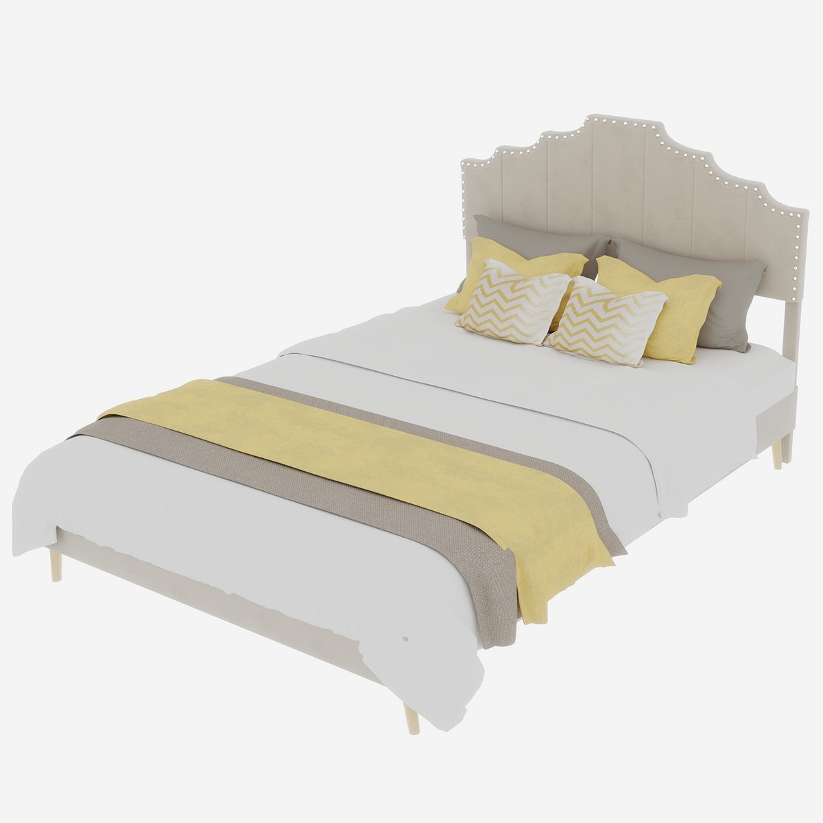 Merax Gestoffeerd Bed 140x200 – Fluwelen Stof Beige – Elegant Design – Metalen Frame – Houten Lattenbodem – Zonder Matras