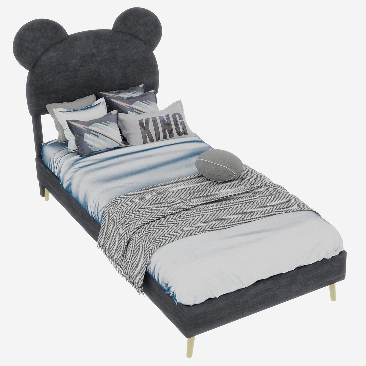 Merax Gestoffeerd Kinderbed 90x200 – Fluwelen Stof Grijs – Cartoon Hoofdbord – Metalen Frame – Houten Lattenbodem – Zonder Opbergruimte – Zonder Matras