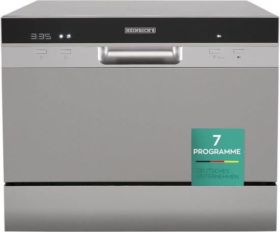 Zilverkleurige Heinrich's mini vaatwasser met display, knoppen en logo '7 Programma's'.