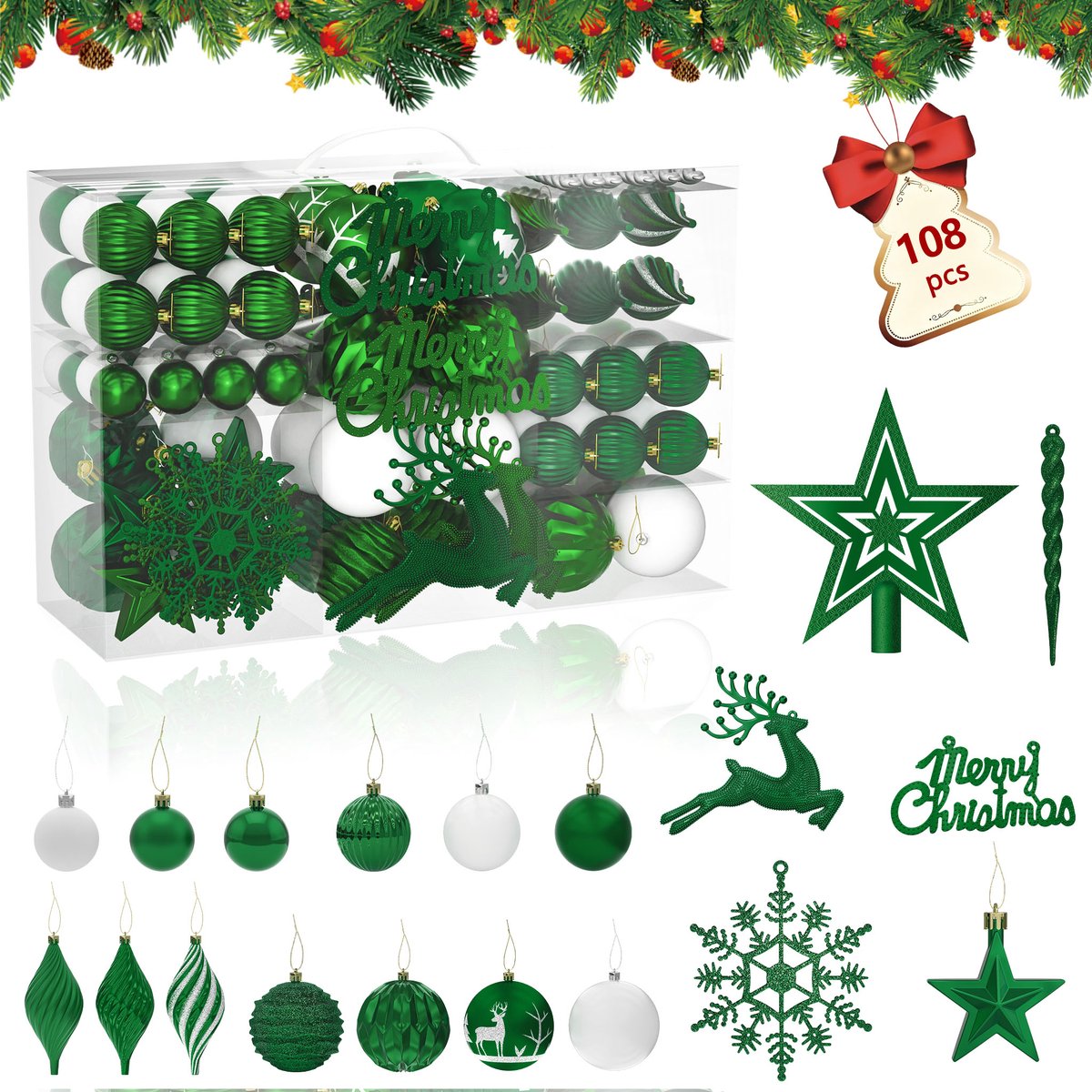 108 stuks kleine kerstballen, kunststof kerstboomversieringen met hangers, kerstversiering, ballen, kerstversieringen, decoratieve kerstboomversieringen, groen