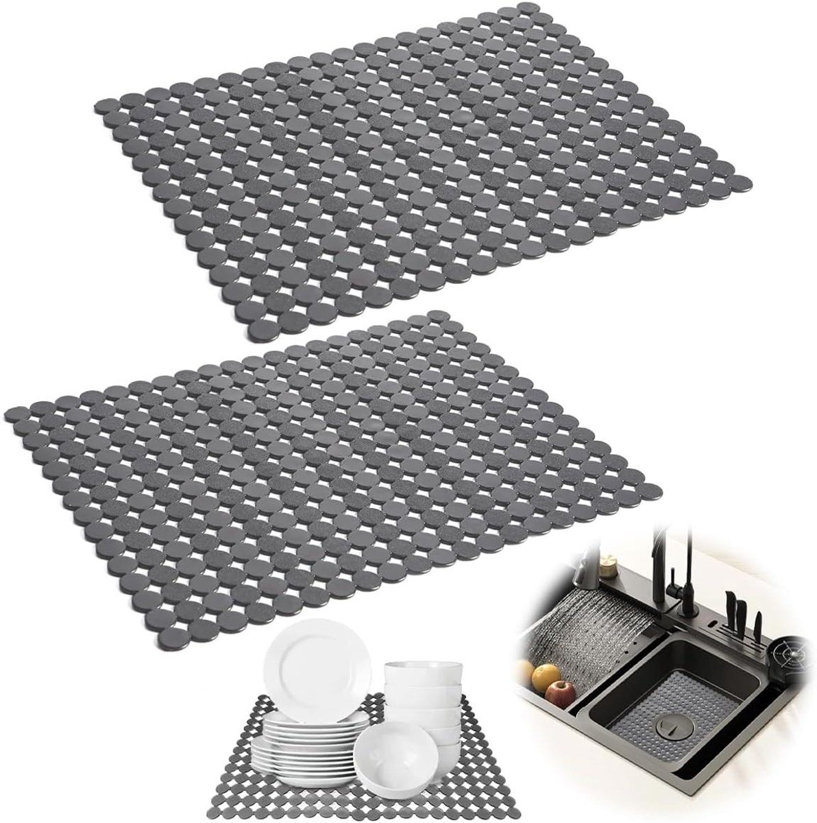EGoods - Set van 2 gootsteenmatten 30x40 cm PVC spoelbakmat op maat te snijden - Transparant zwart - Beschermmat voor spoelbak tegen krassen - Servies glaswerk groenten