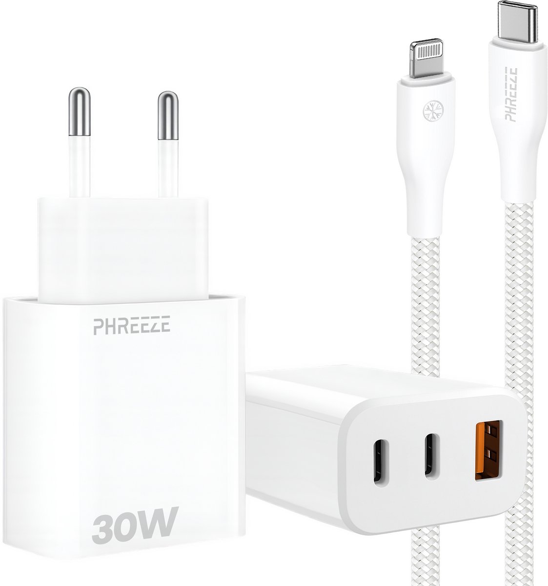 3 - Poorts usb adapter met 1m oplaadkabel geschikt voor iPhone 14 13 12 11 x - Usb oplaadstekker met meerdere poorten met power delivery kabel