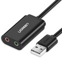 Zwarte UGREEN USB-geluidskaart met 3,5 mm microfoon- en hoofdtelefoonaansluitingen en USB-stekker.