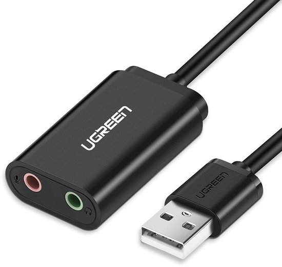 Zwarte UGREEN USB-geluidskaart met 3,5 mm microfoon- en hoofdtelefoonaansluitingen en USB-stekker.