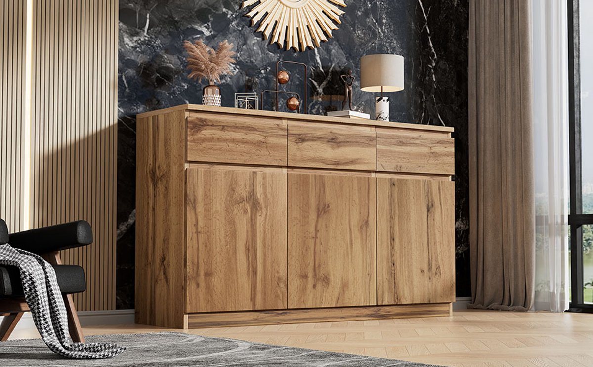 STILVORA Dressoirs - Dressoir Kasten Met 3 Deuren En 3 Laden - Praktische Opbergkast Voor Hal En Keuken - 135×40×81 cm - Spaanplaat - Houtkleur
