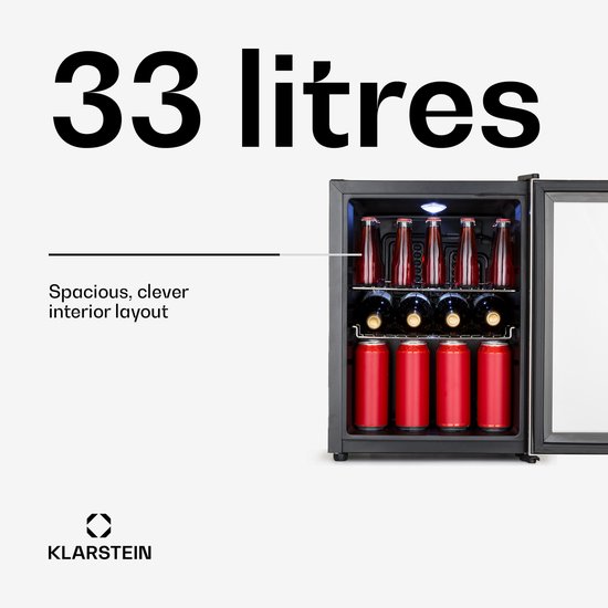Klarstein Drankkoeler minikoelkast met glazen deur, minikoelkast voor op de kamer, kleine met verstelbare schappen, kleine koelkast van 33 liter, stille koelkast voor binnen en buiten - Drankkoelkast Drankenkoelkast - Touch - Zwart van Klarstein — afbeelding 3