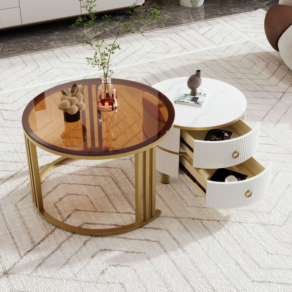 OKWISH Koffietafel - Rond 2 Delige Set Met Glasplaat En 2 Laden - Modern En Praktisch Voor Woonkamer - 70x70+50x50 cm - MDF + Plastic + Glas + Metaal - Wit, Bruin