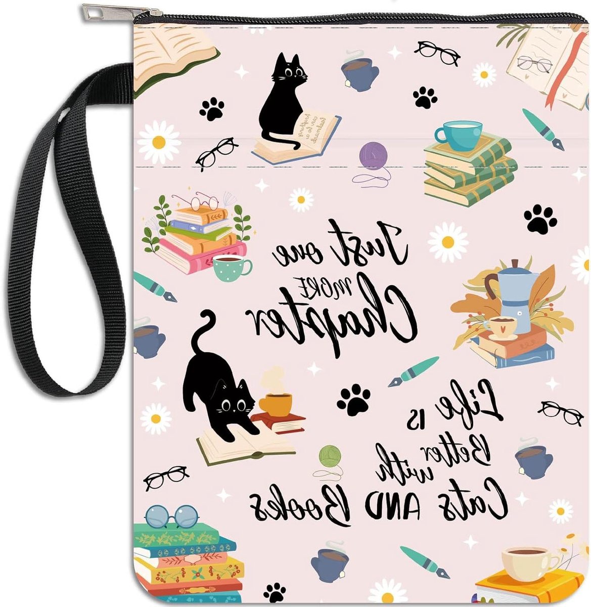 EGoods - Stoffen boekhoes voor paperbacks met rits en mouwzak - Kat, Koffie, Bloem - Boekbeschermer voor boekenliefhebbers