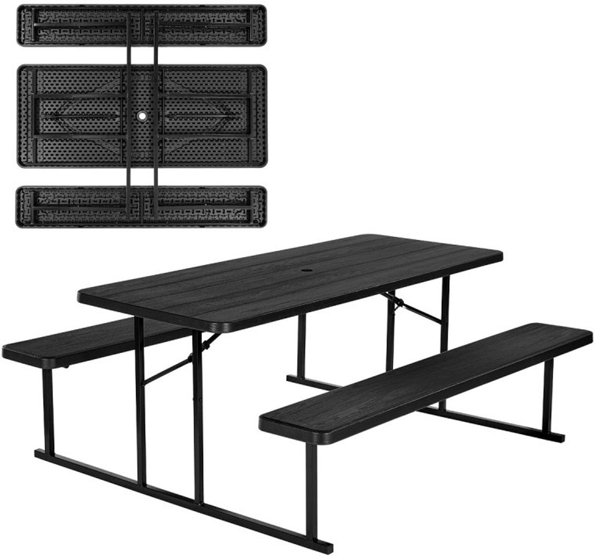 Opvouwbare picknicktafel met 2 banken - Tafelset - Stalen frame - Parasolgat - Draagbaar - Draagvermogen tafelblad 150 kg - Voor buiten - Zwart