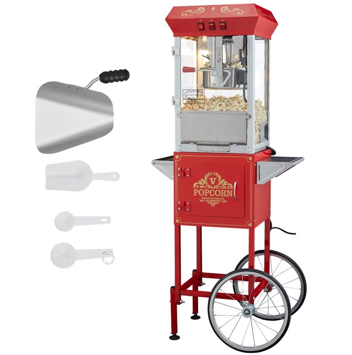 Popcornmachine met kar - Popcornmaker - 850 W - 8 oz Ketel - 48 Porties Per Lading - Gehard Glas - Inclusief 4 Scheppen - Bioscoopstijl - Rood