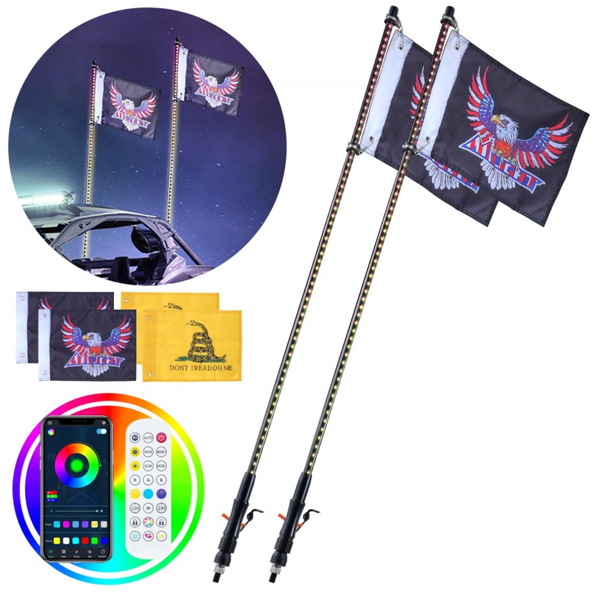 LED Lichtzweep/Zweeplamp - Set van 2 - Lengte 122 cm - RGB - Waterdicht - Met Rijverlichting - Inclusief 4 Vlaggen - Voor UTV/ATV/Motorfiets/Vrachtwagen