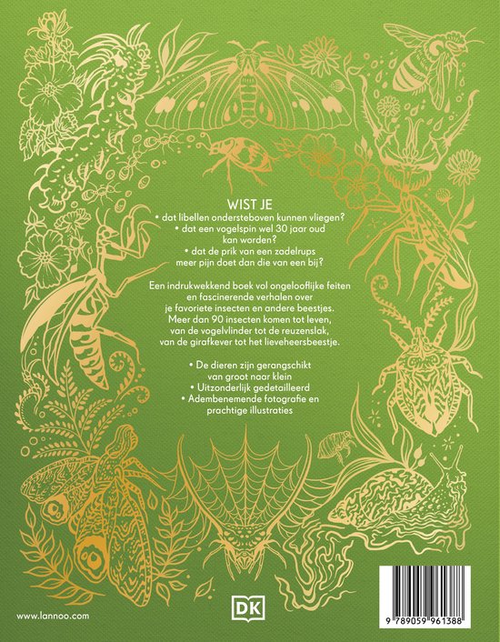 Achterkant boek "Wist je dat" met lijst van weetjes en illustraties van insecten en planten.
