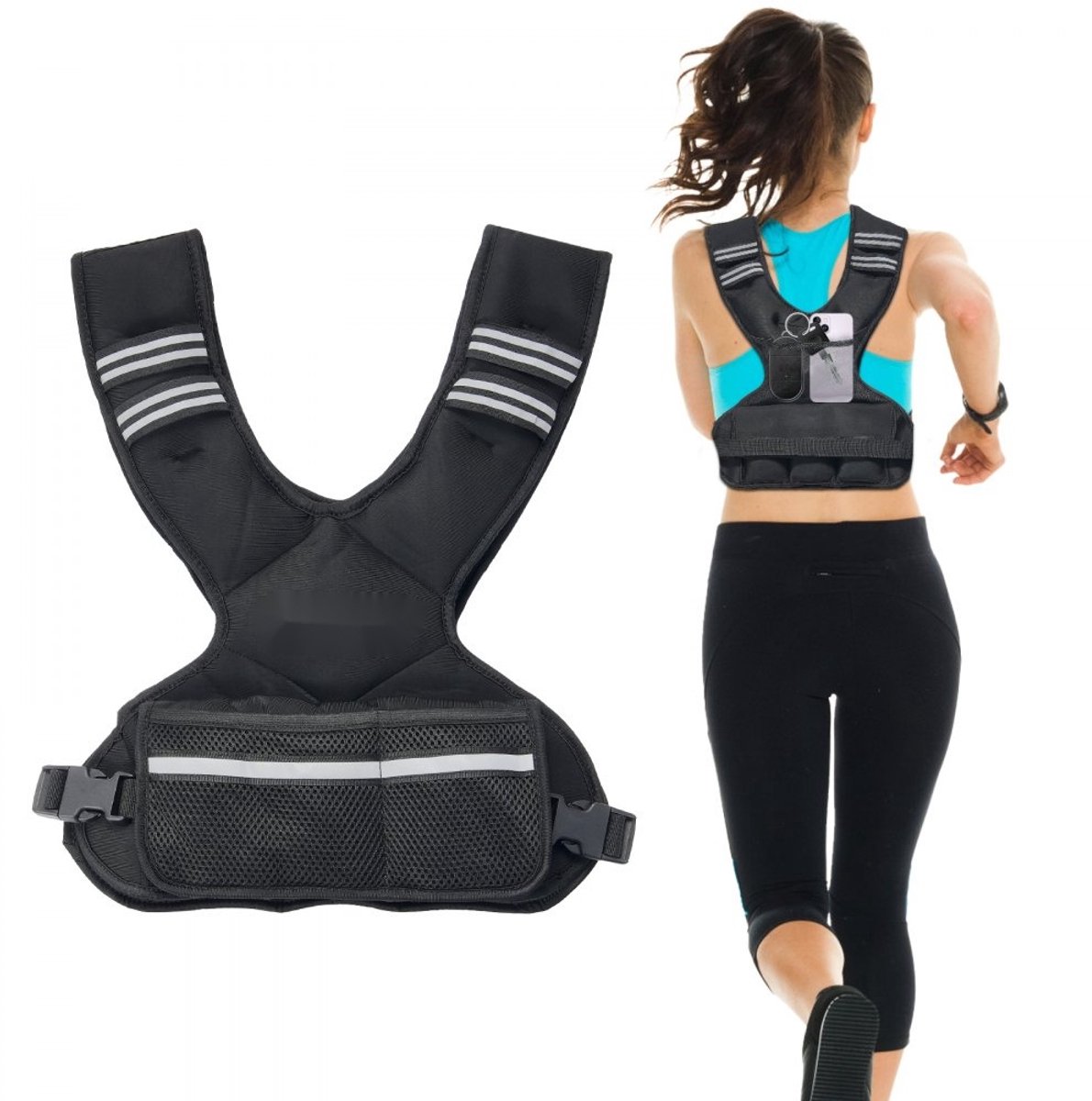 Gewichtsvest - Trainingsvest - Verstelbaar - 5–9,1 kg - 6 Uitneembare Gewichten - Reflecterende Strip - Unisex - Voor Hardlopen & Krachttraining