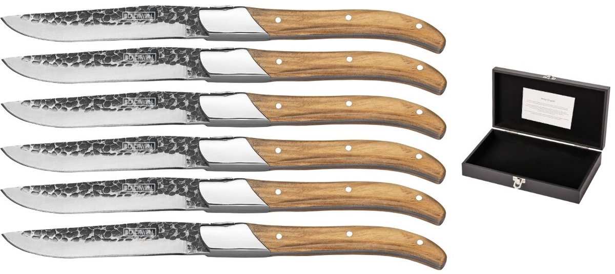 Blackwell Steakmessen Laguiole Raw Black Olijfhout - 6 Stuks - 100 mm RVS Lemmet - Handwas