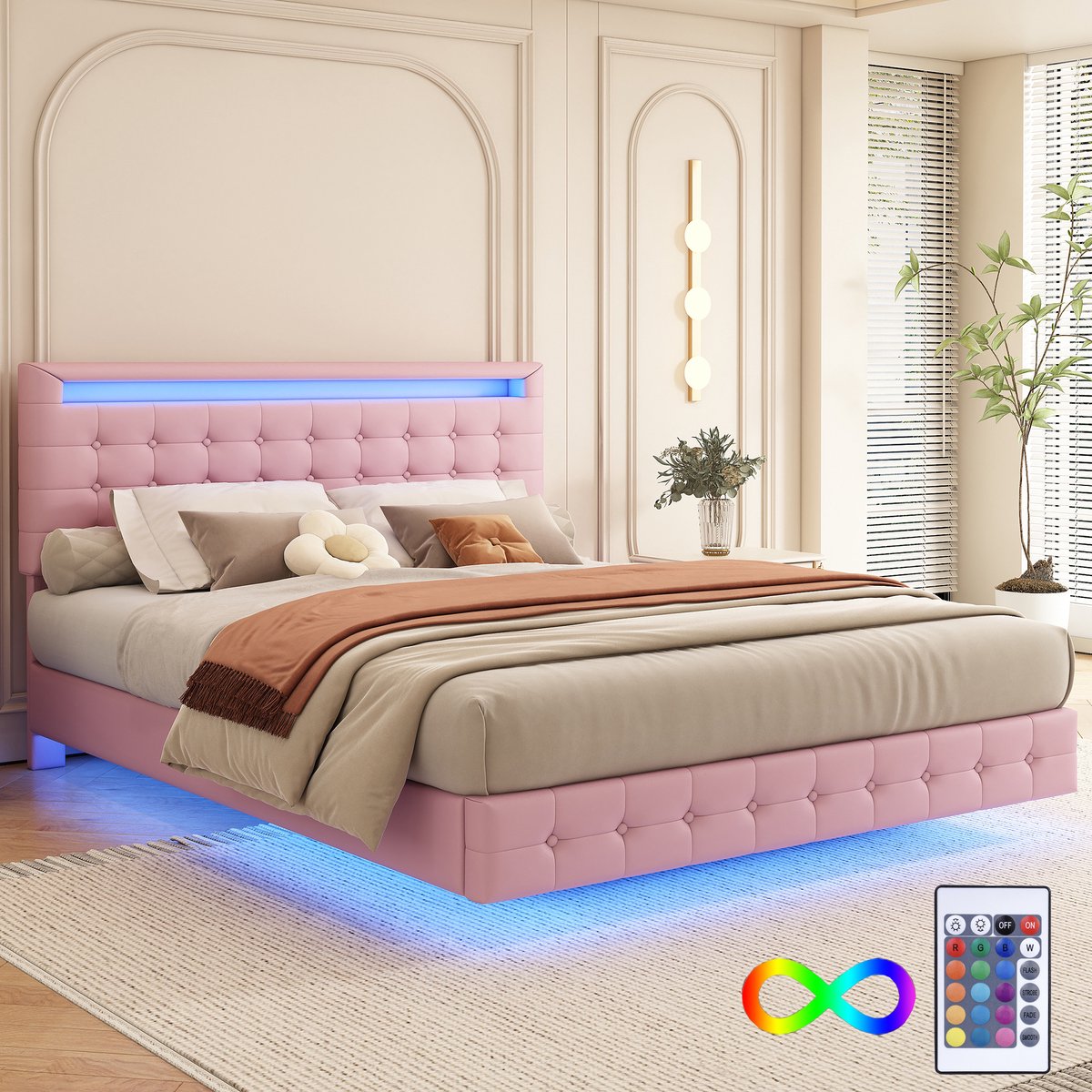 OKWISH Tweepersoonsbed 140x200 cm - Zwevend Gestoffeerd Bed Met LED-Omgevingslicht En Verstelbaar Hoofdeinde - PU - Roze