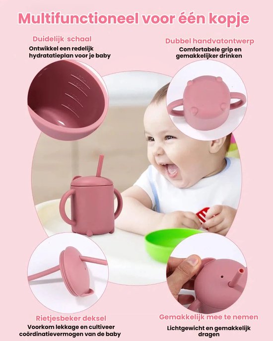 Baby Eetwaren Set 8-delig - Zuignap Borden & Kom - Siliconen Leer-eten Set met Slabbertje en Drinkbeker - Geschikt voor Magnetron & Vaatwasser - BPA-vrij Roze Babybestek - Kraamcadeau voor Meisjes van Merkloos — afbeelding 4