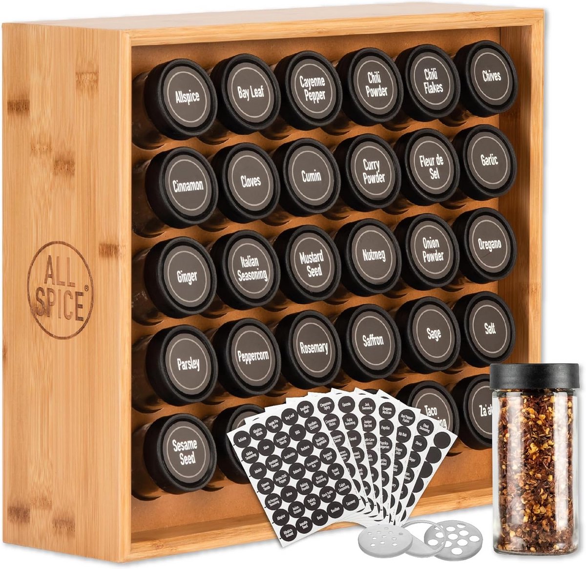Houten Kruidenrek met 30 Glazen Potten van 118 ml - Bamboe