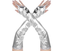 Lange Zilveren Vingerloze Handschoenen Vrouwen - Glitter Stijl voor Feest, Cosplay & Galajurk Accessoire