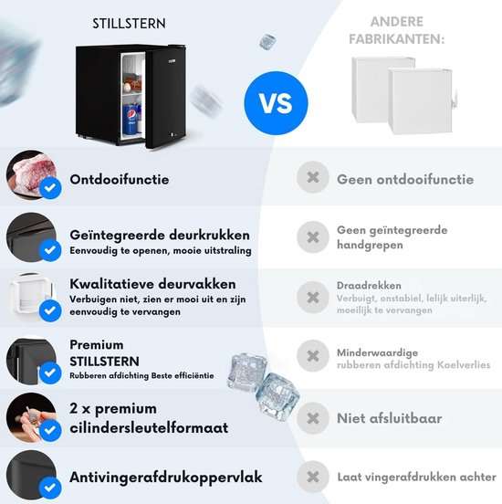 Stillstern - Mini-Koelkast - E - 45L - met Automatische Ontdooiing - Slot - Vriesvak - stil - ideaal voor keuken, kantoor, slaapkamer, hotels en kleine appartementen - Kleine koelkast - Minibar - Drankkoelkast van Stillstern — afbeelding 5