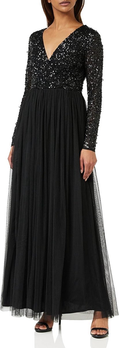 Lange Pailletten Maxi Jurk Dames met V-Hals en Lange Mouwen - Ideaal voor Bruiloft of Galabal
