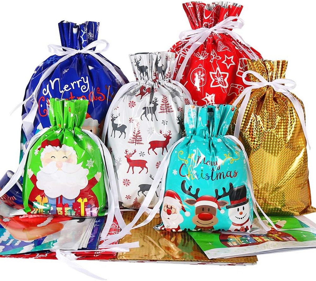 30 Luxe Kerstcadeauzakken met Trekkoord - Diverse Maten Geschenktassen Feestdecoratie