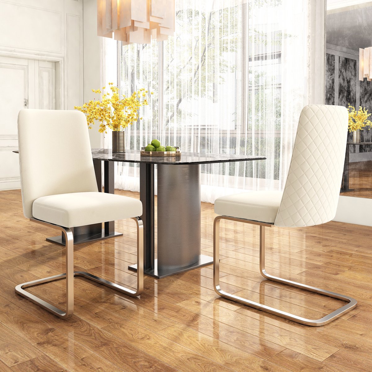 OKWISH Eetkamerstoel – Diamantvormig Ruitpatroon Rug Voor Extra Ondersteuning – Set Van 2 – Fluweel – Modern – Beige – Stevige Metalen Poten