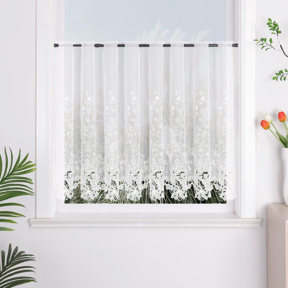 Unyqoos Elegante semi-transparante wit geborduurde vitrage voor keuken of deur 75x150CM