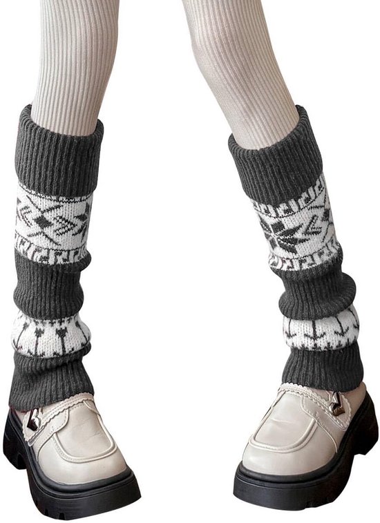 PHOGARY 2 paar winterbeenwarmers voor vrouwen, dijhoge over-de-knie voetloze sokken, gehaakte gebreide lange laarsmanchetten, laarstopper, voor meisjes, Zwart Donker Grijs, 27.5 inches / 70 cm