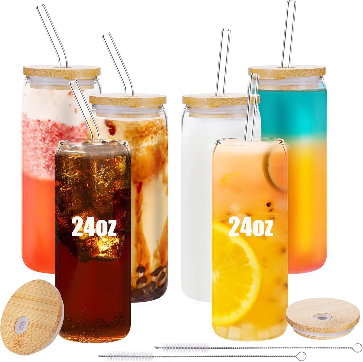 6x Glazen Blikvormige Drinkglazen met Bamboe Deksels en Rietjes - 680ml