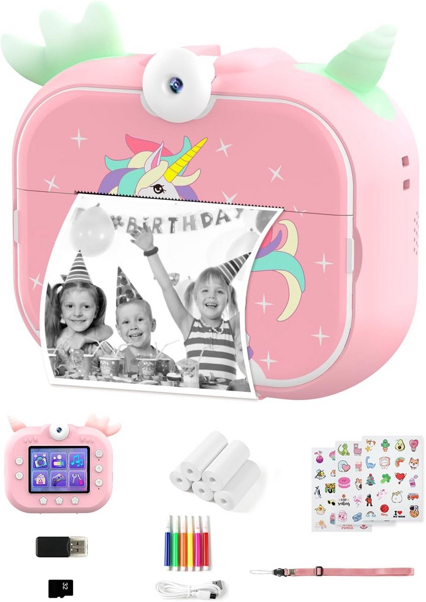 Instant Digitale Kindercamera met Printpapier en 32GB Kaart - Roze