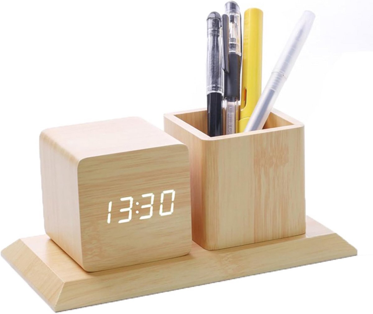 Houten Digitale Wekker met Potloodhouders en LED Tijdweergave - Geluidsgestuurd