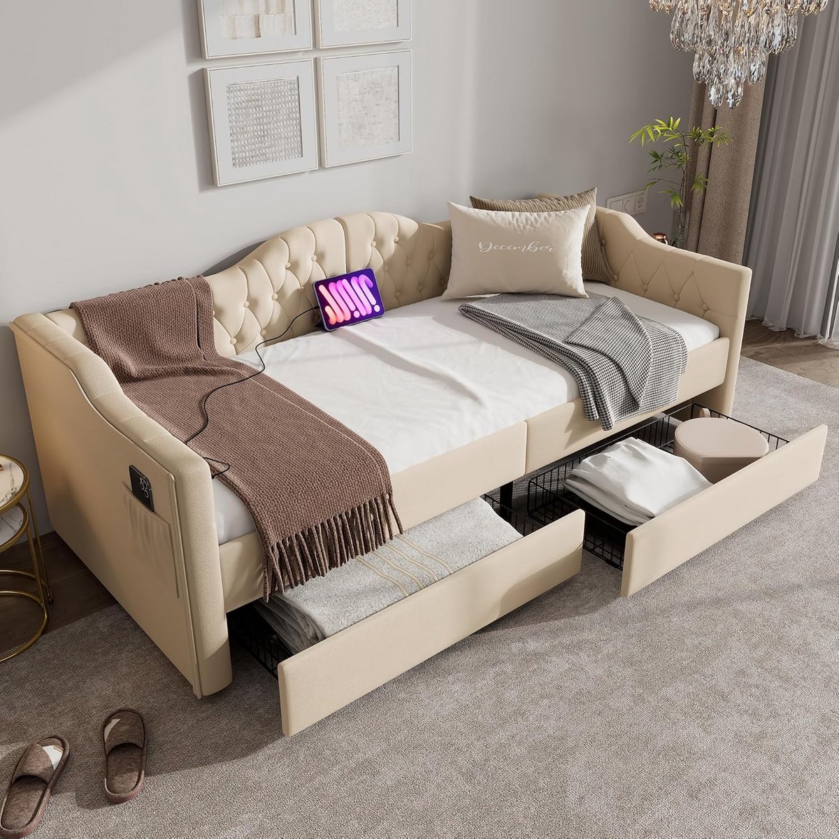 Slaapbank 90x200 cm met USB en Opbergladen - Beige Gestoffeerd 2-persoons Zit-/Slaapbank