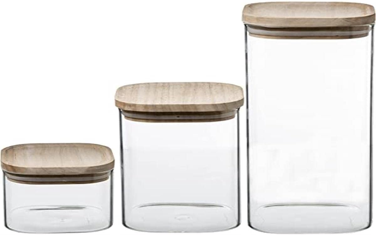 Set van 3 Stapelbare Glazen Potten met Houten Deksel voor Opslag