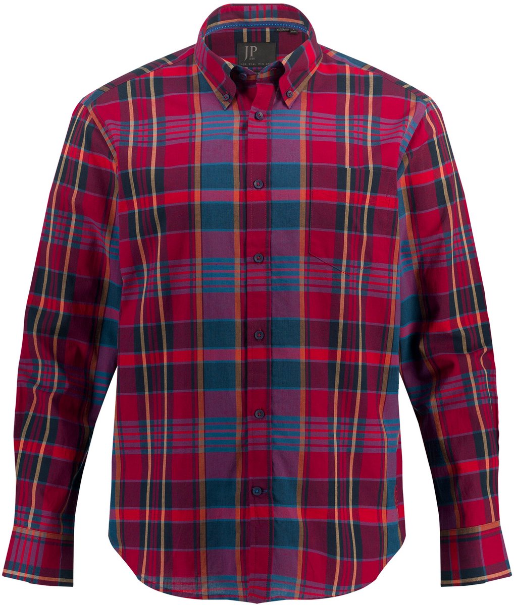 JP 1880 - Heren - Ruitenshirt lange mouw buttondown kraag modern fit - Donker kersenrood - Maat 3XL