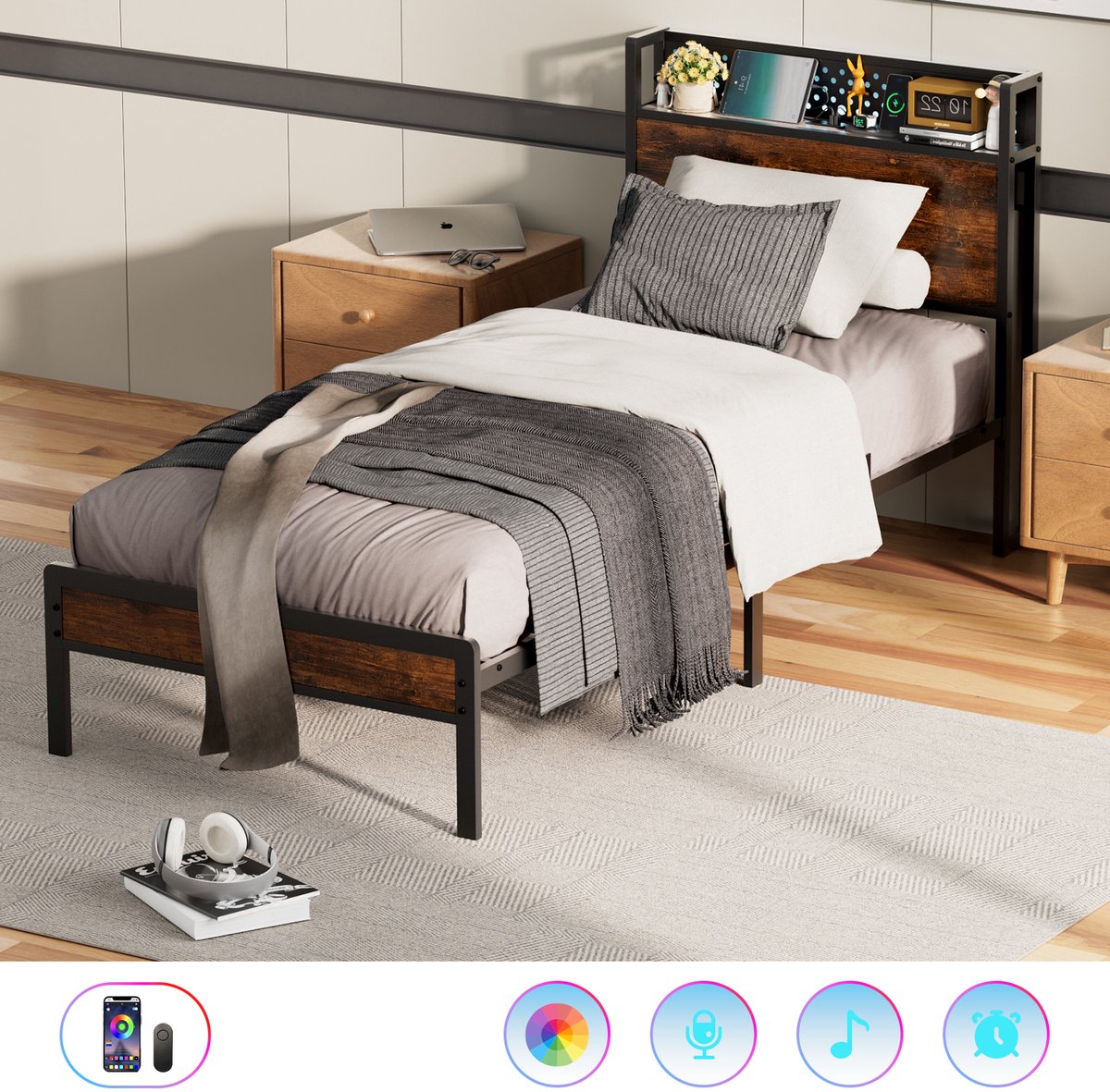 KUTAS Eenpersoonsbed 90x200 cm - Stevig Metalen Bedframe - Jeugdbed met LED Verlichting - Stopcontacten, USB & Type-C Poorten - Hoofdbord met Opbergruimte - Modern & Duurzaam Design Zwart
