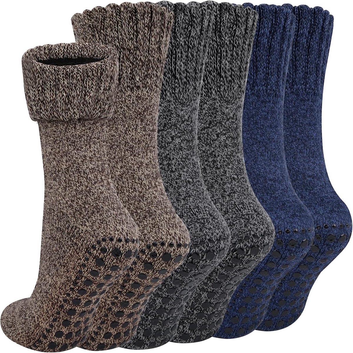 3 Paar Warme Antislip Sokken met Zolen - Dames & Heren Dikke Wollen Pantoffelsokken