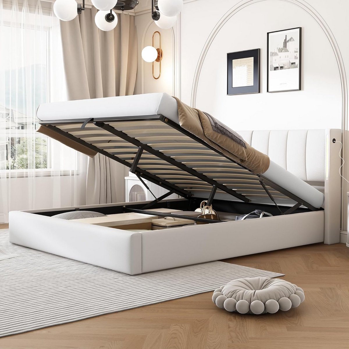 Boxspring Bed 140x200 cm Wit met Opbergruimte en Lattenbodem | Verstelbaar Hoofdeinde
