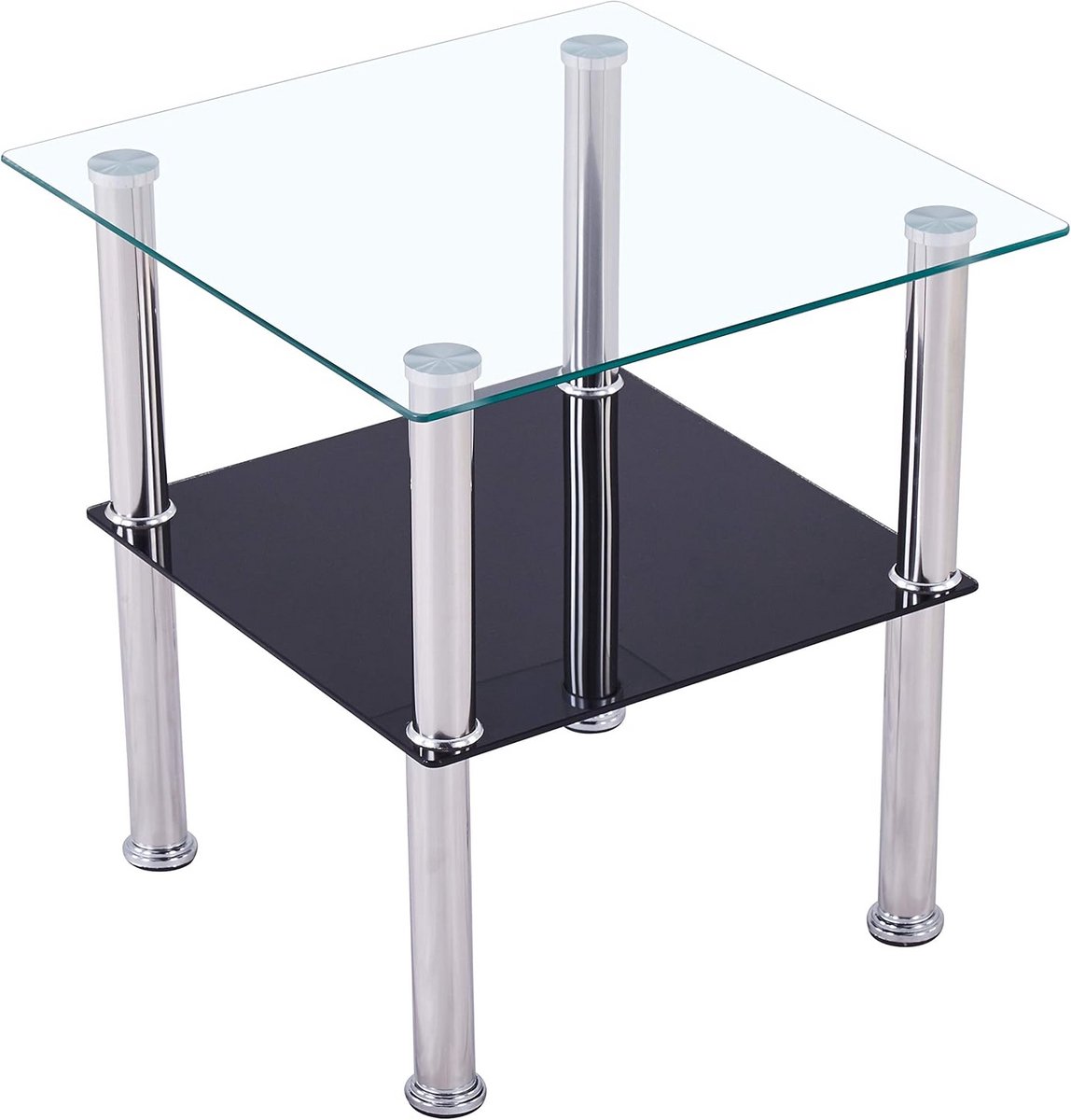 Moderne Vierkante Salontafel Glas met Facetrand - Bijzettafel Woonkamer RVS Onderstel 40x40x47 cm Zwart