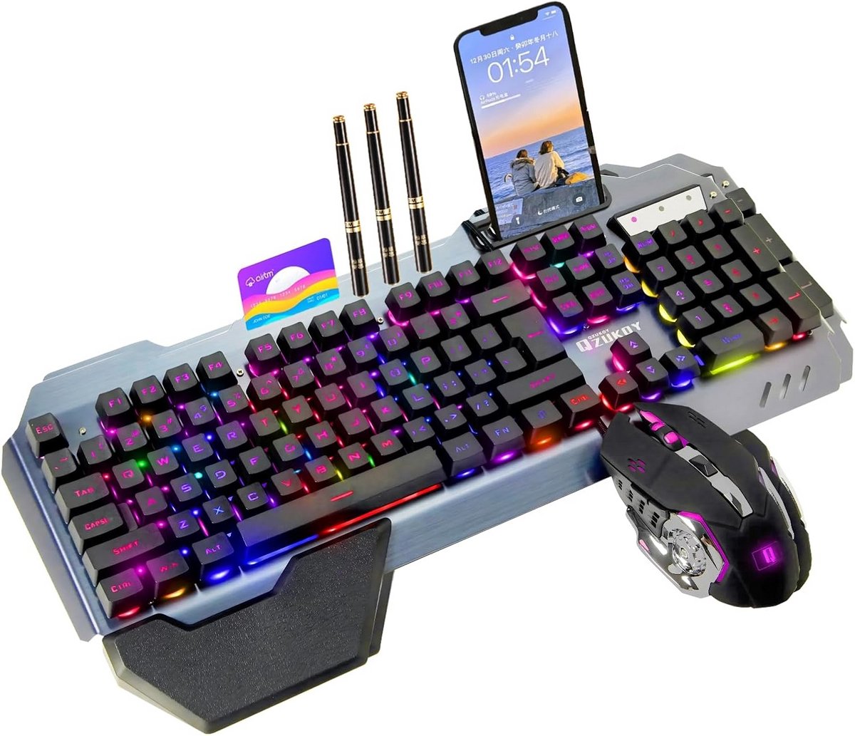 Gaming-toetsenbord en muis met RGB-verlichting - Ergonomisch met polssteun, 2400 DPI muis, 16 verlichtingsmodi, inclusief muismat en telefoonhouder - Zwart
